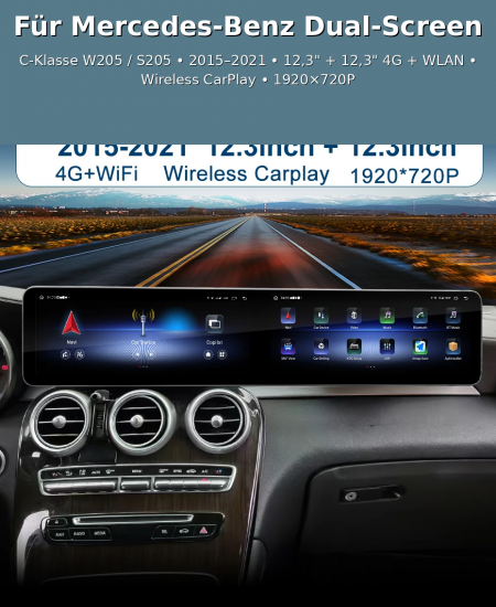 26" Android 14 Dual-Screen Display für Mercedes C-Klasse/GLC W205 2015–2021 NTG 5.0/5.5/6